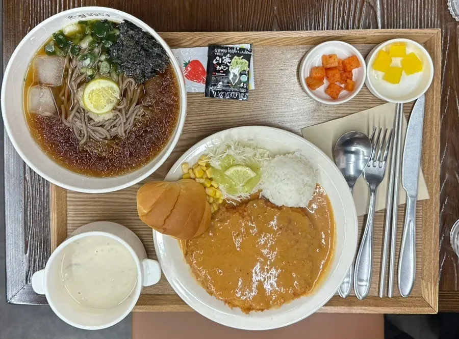 Table setting with Western-style cutlet and buckwheat soba set