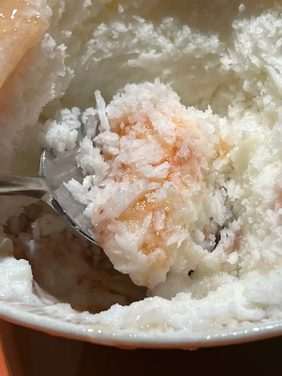 Bingsu with crisp white peach topping