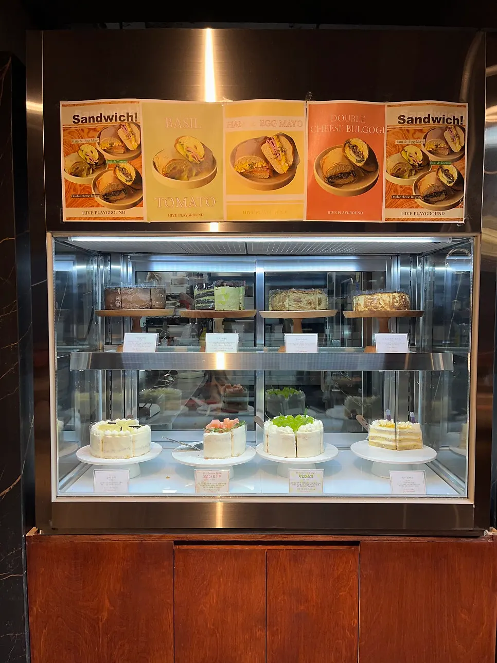 Bakery café display case with desserts