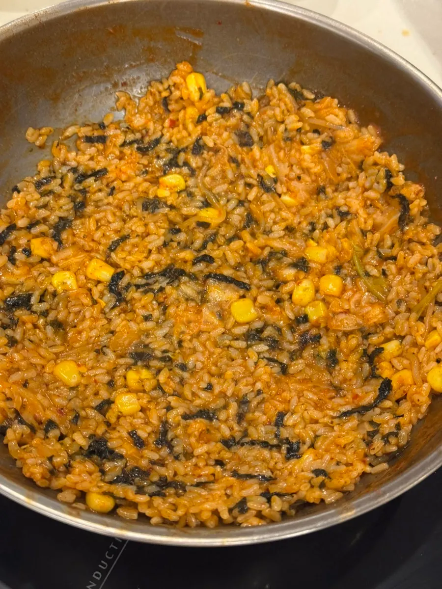 Cheese and seaweed flakes added to the fried rice ingredients