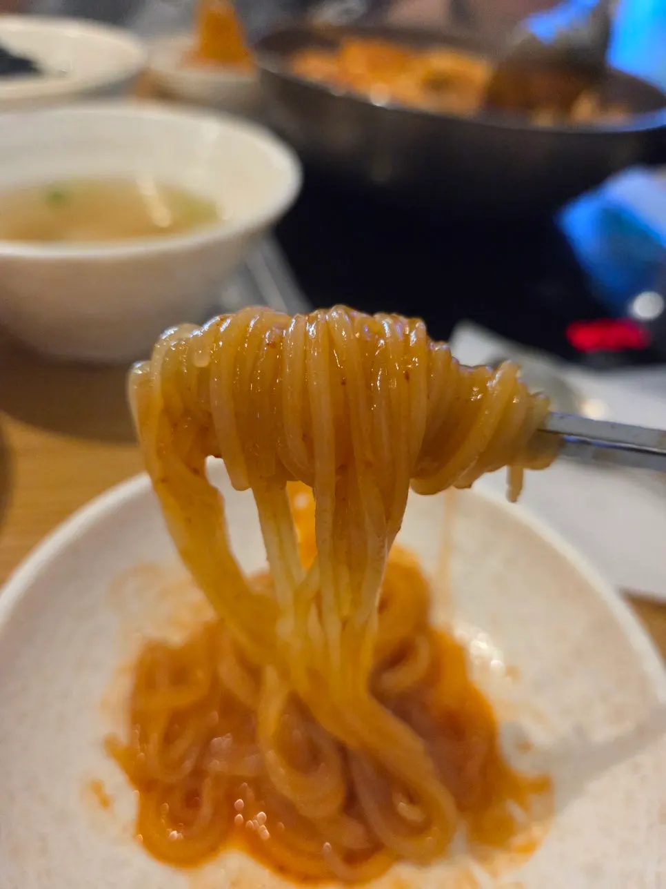 Jjolmyeon noodles loaded into the tteokbokki