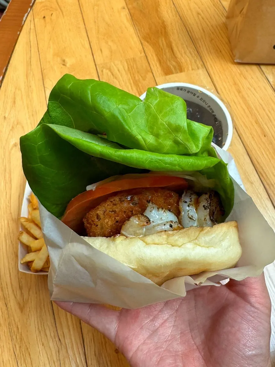 Wasabi mayo shrimp burger and Hawaiian burger