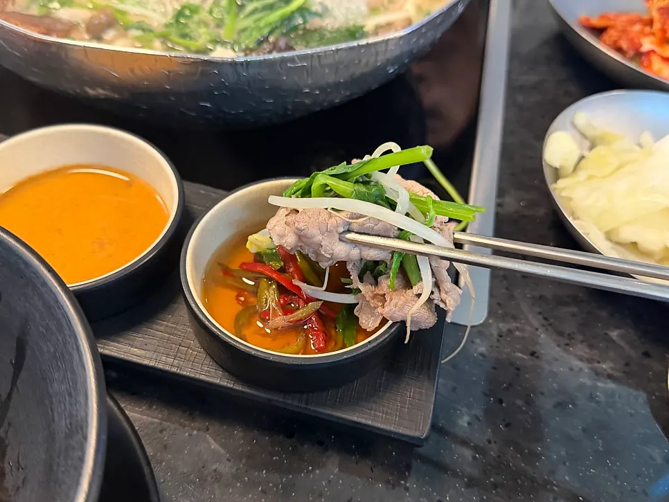 Three dipping sauces with shabu-shabu meat