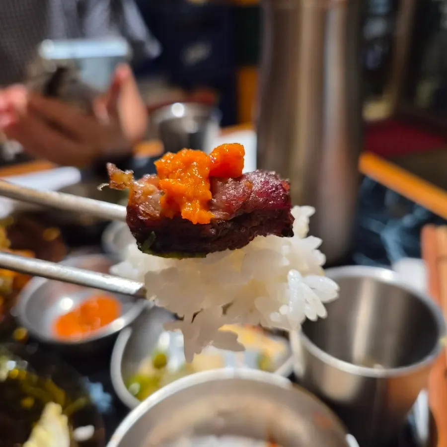 김치 소스에 찍은 흑돼지 양념갈비