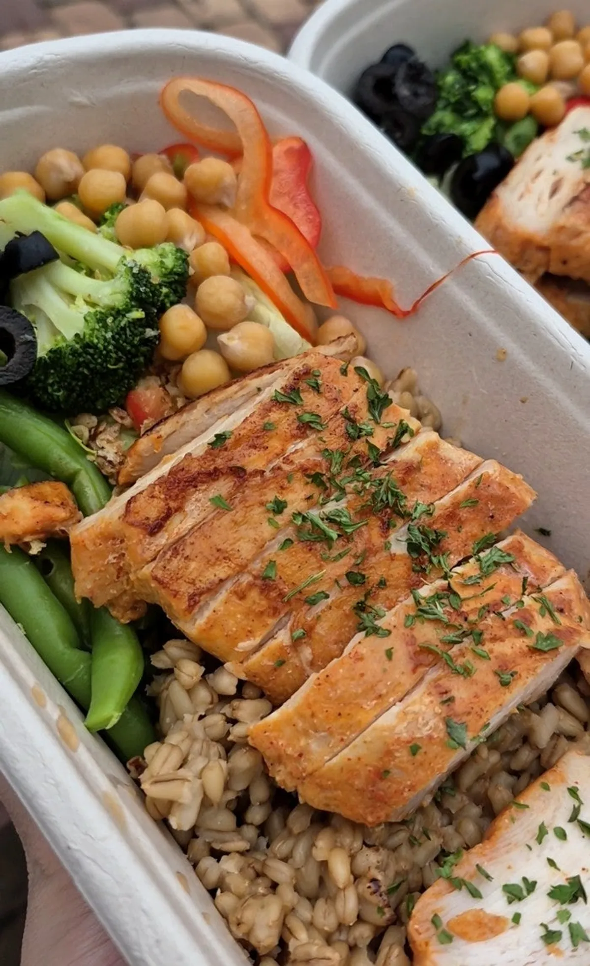 Two chicken oat boxes opened up to show contents