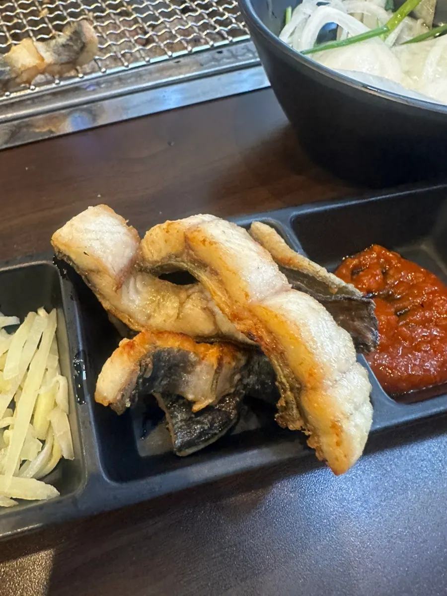 A piece of eel dipped in teriyaki sauce