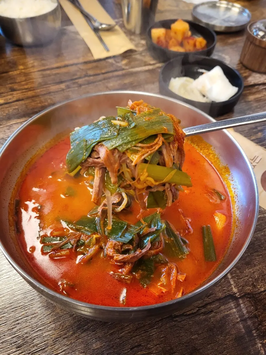 결대로 찢은 소고기가 보이는 육개장 국물
