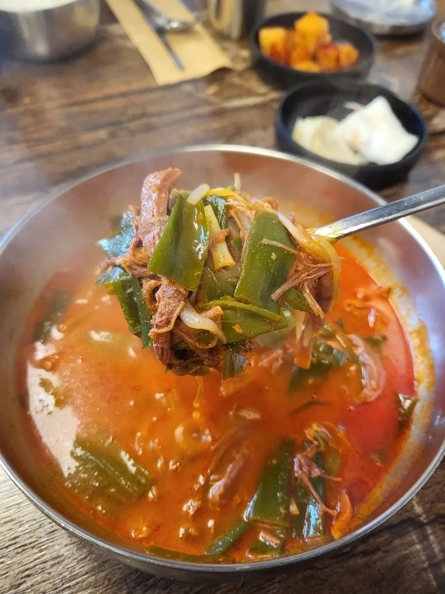 큼직하게 썰린 대파가 든 얼큰한 육개장