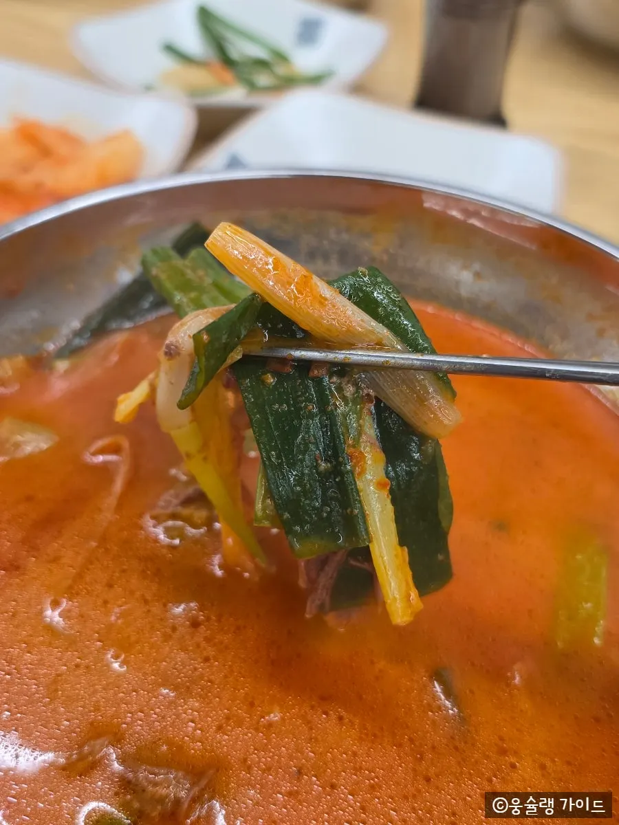 A bowl of spicy yukgaejang loaded with green onion