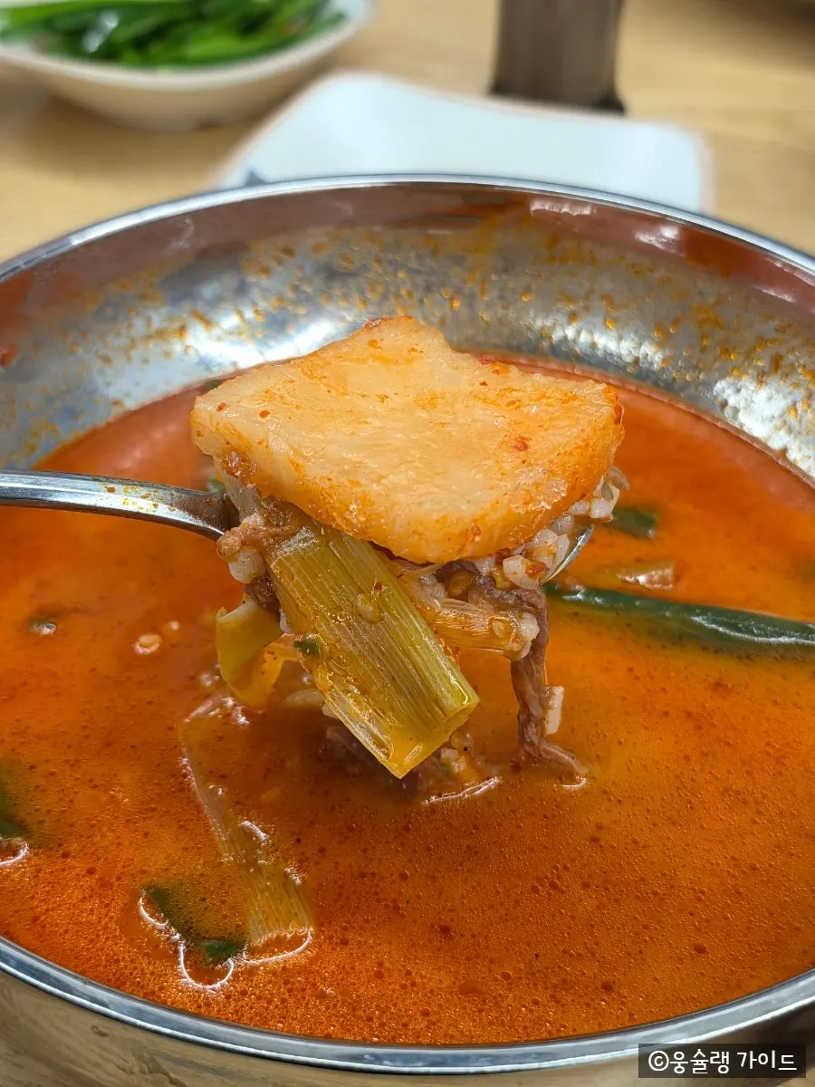 A spoonful of yukgaejang rice topped with kkakdugi
