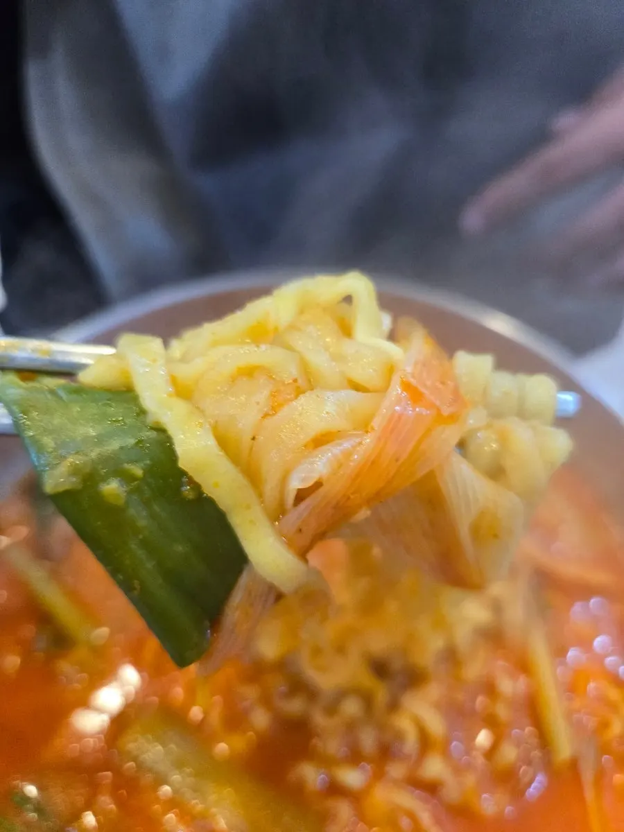 A bowl of spicy yukkal-myeon noodles