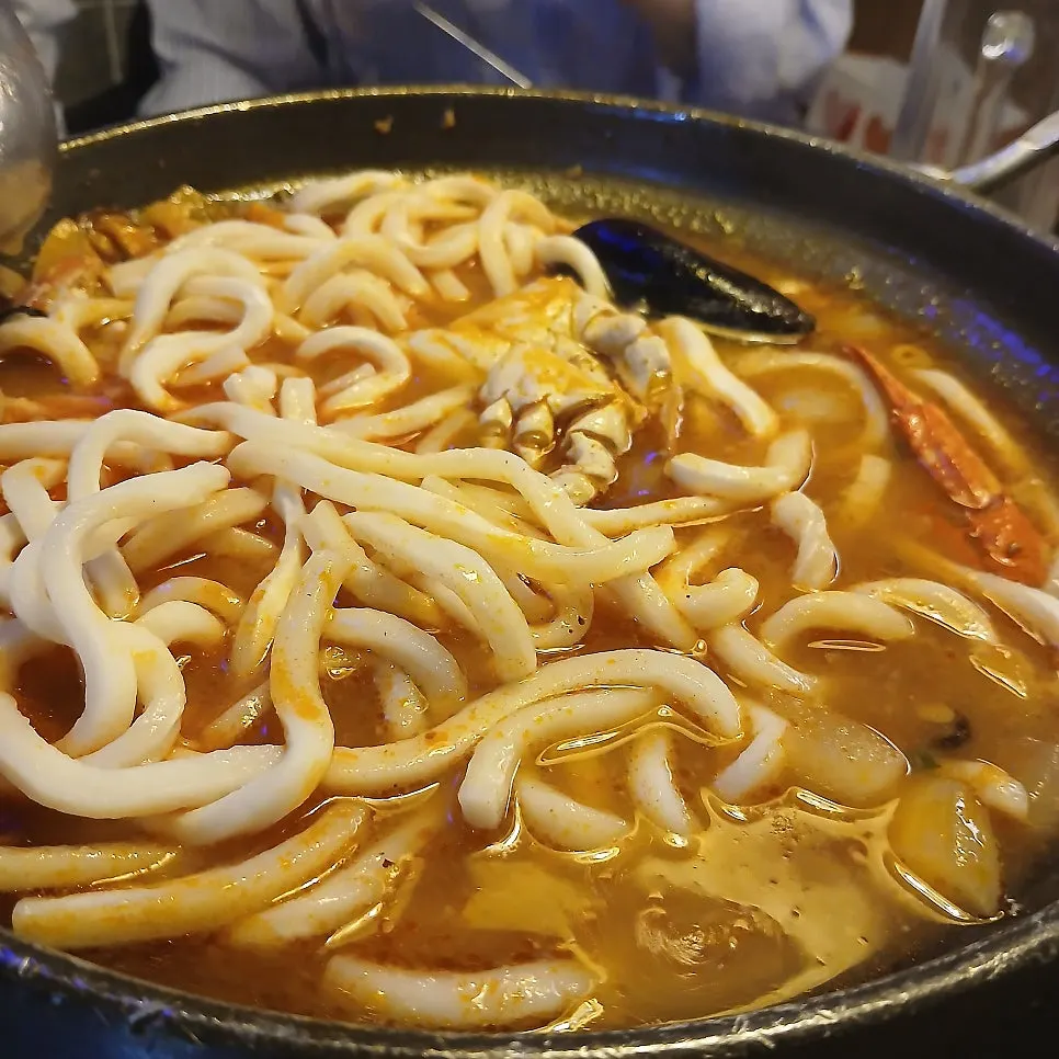 Seafood jjamppong tang finished off with udon noodles