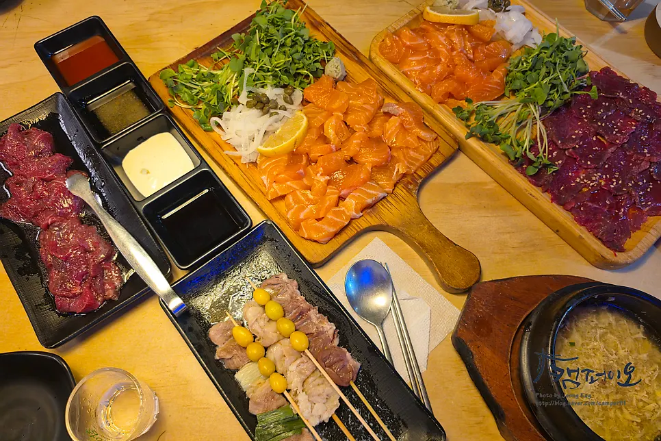 Full table view with added salmon sashimi