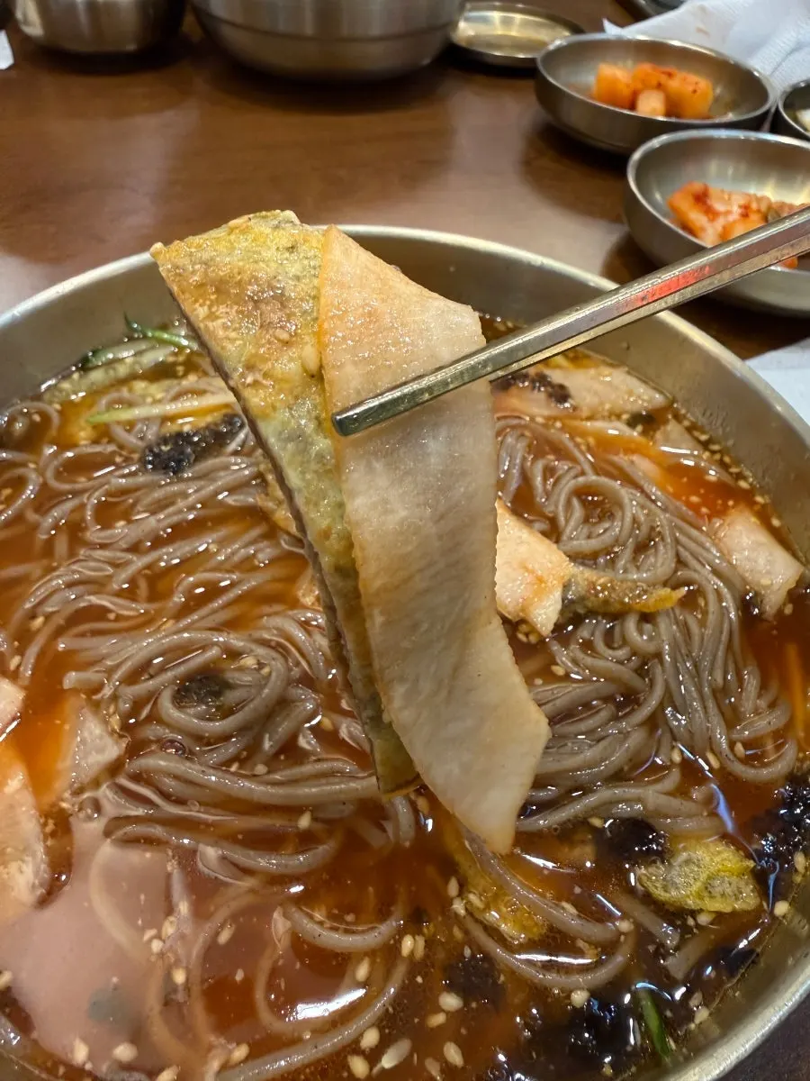 차가운 육수의 육전물막국수 클로즈업