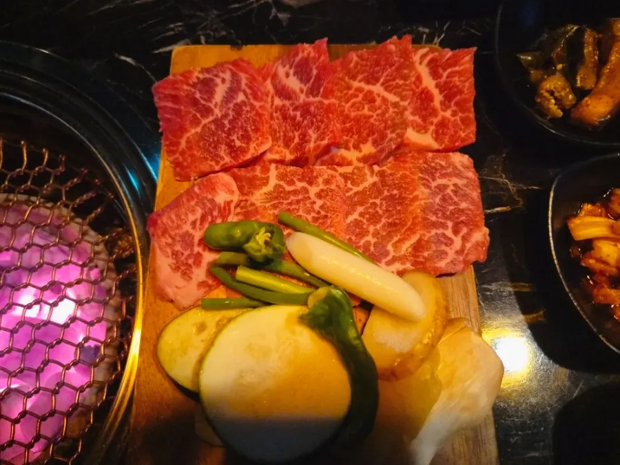 Mushroom, zucchini, pineapple, and shishito pepper side vegetables