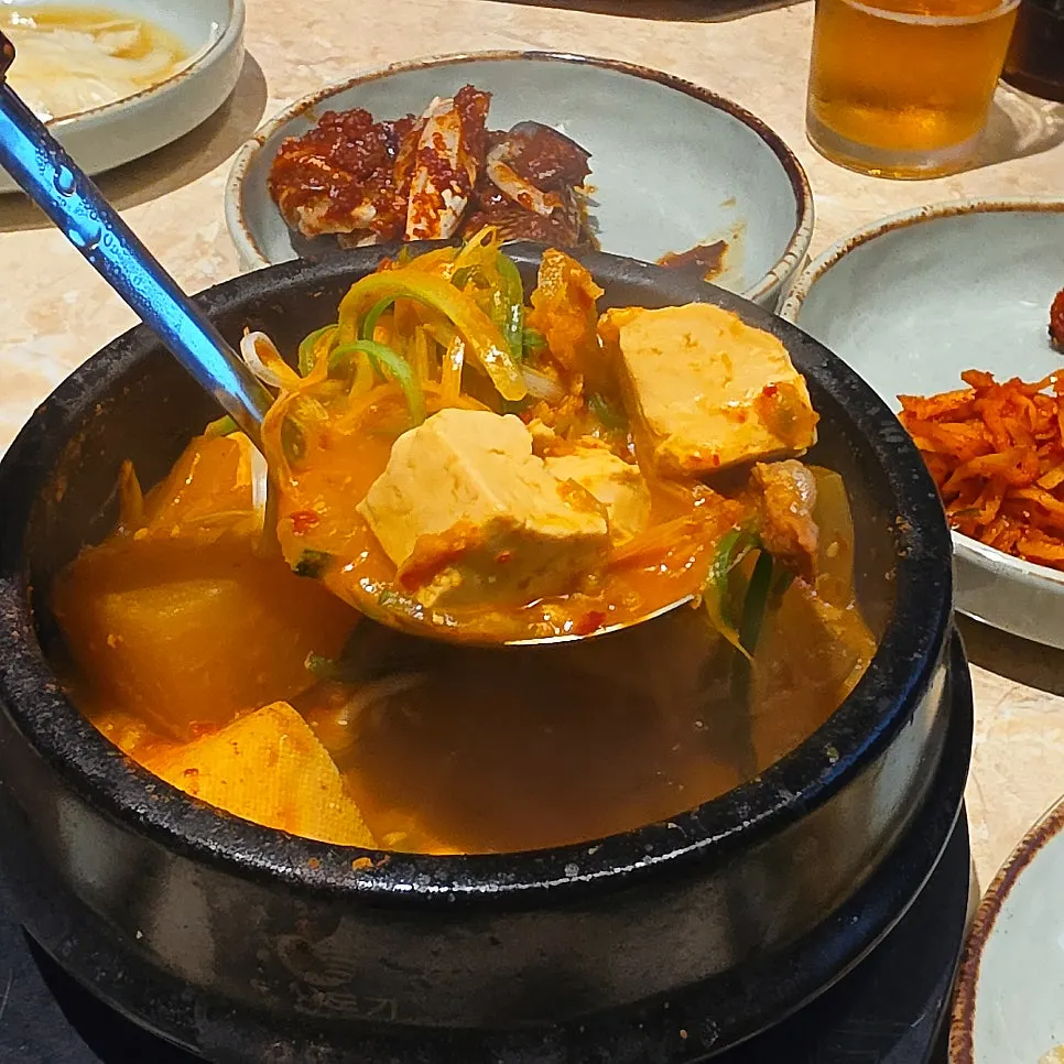 Meal wrapped up with doenjang stew and rice