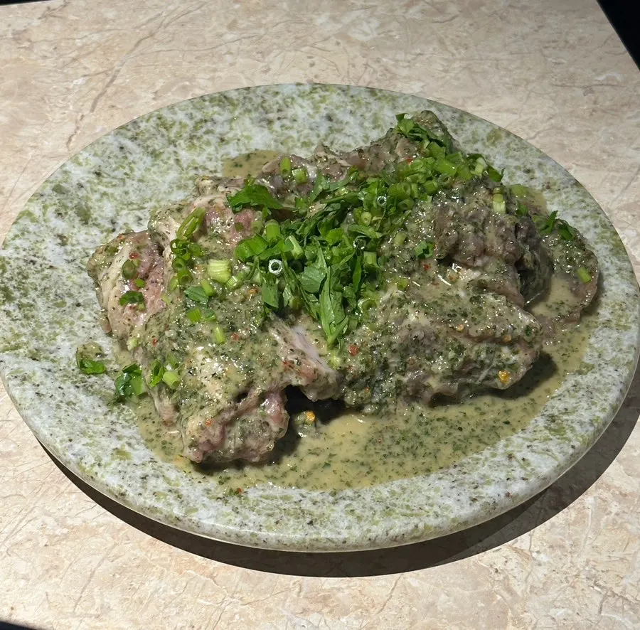 Table setting with limited-edition matcha-minari Shrek Galbi