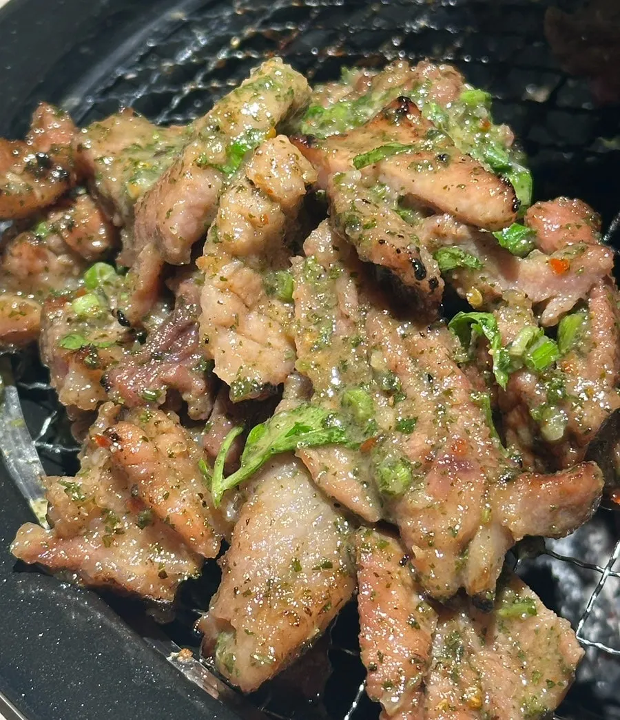 Shrek Galbi coated in matcha and minari sauce