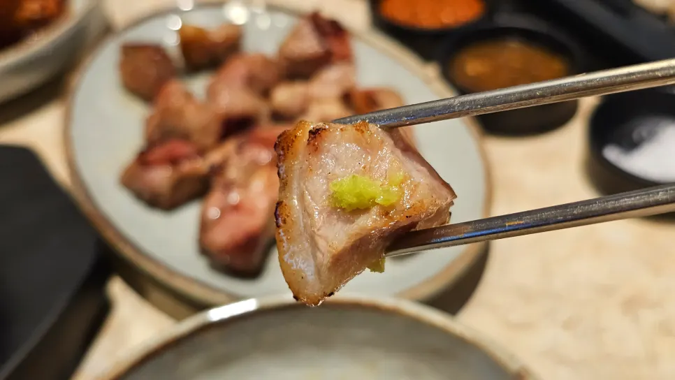 Well-grilled Korean pork with visible juiciness