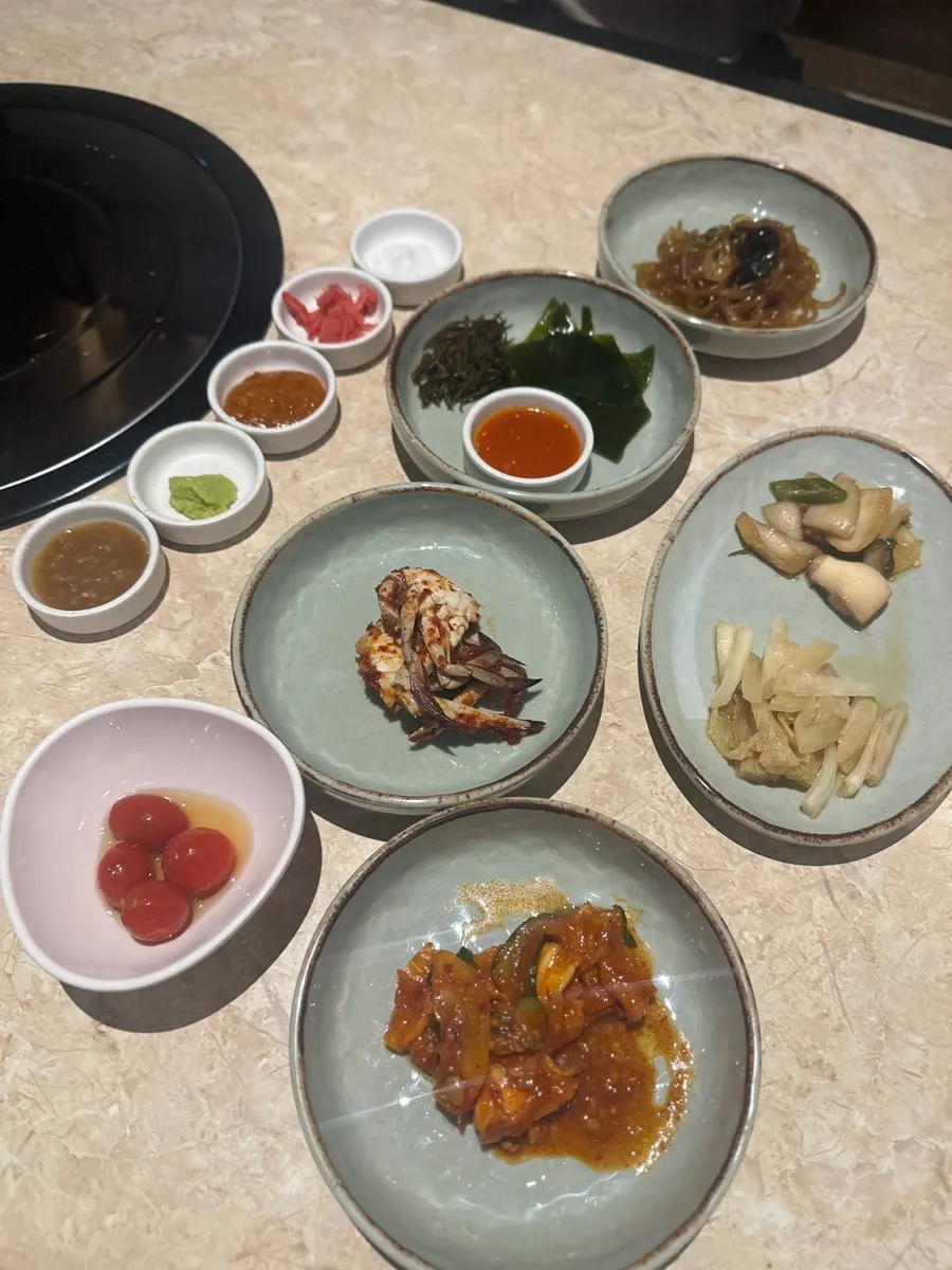 Basic side dishes including japchae and yangnyeom gejang