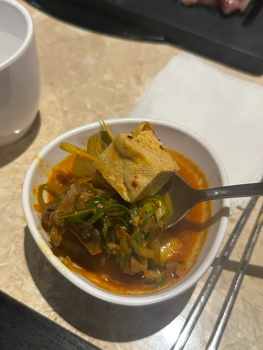 Doenjang jjigae loaded with meat and tofu