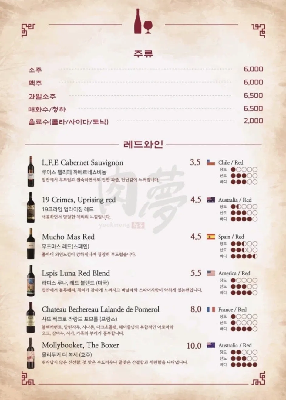 육몽 방이직영점 식사·사이드 메뉴판