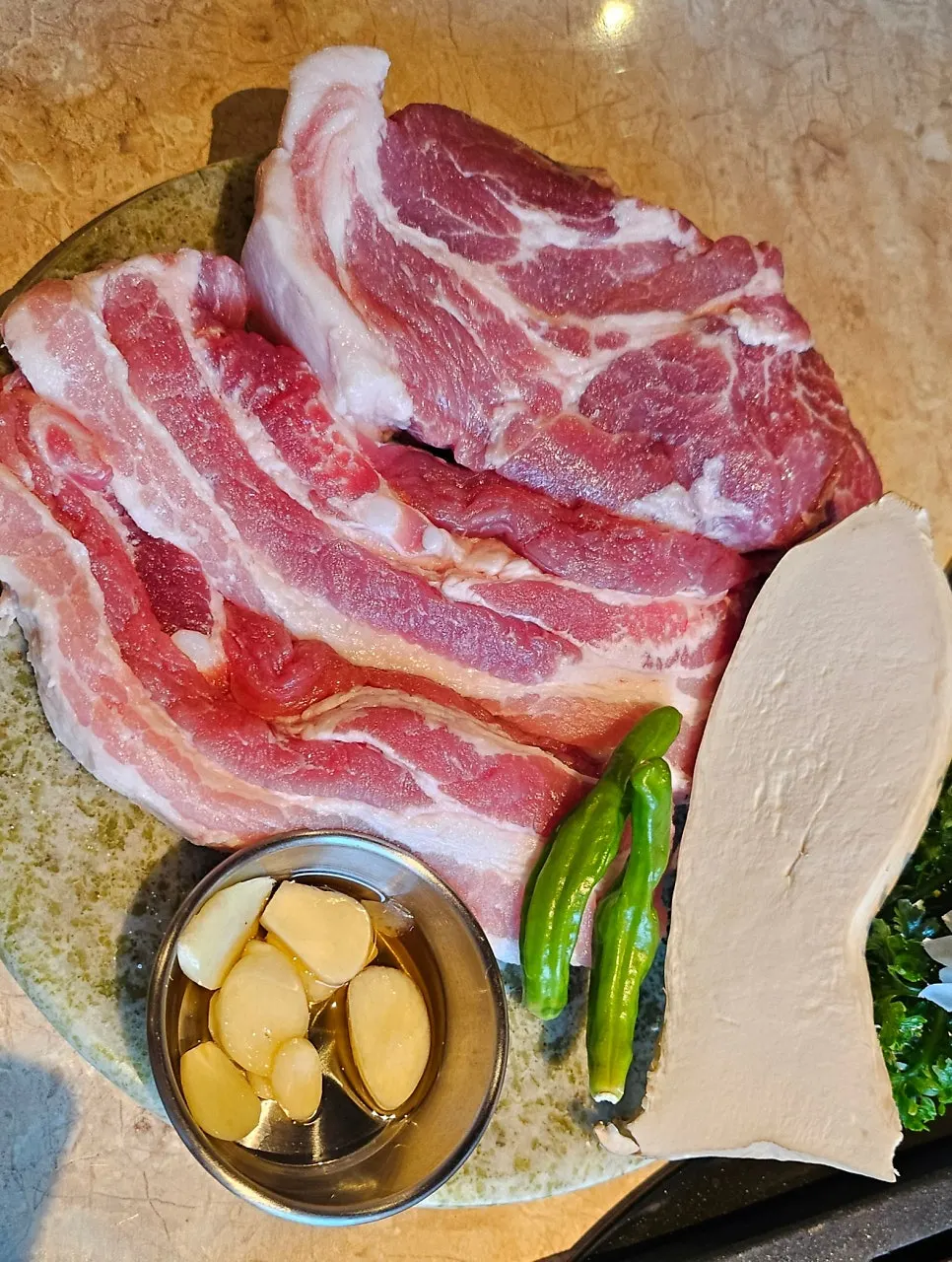 Snowflake pork neck and rib pork belly plated with flower decoration