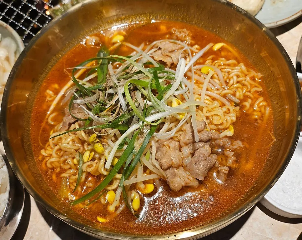 Marbled beef hangover ramyeon loaded with thin-sliced beef