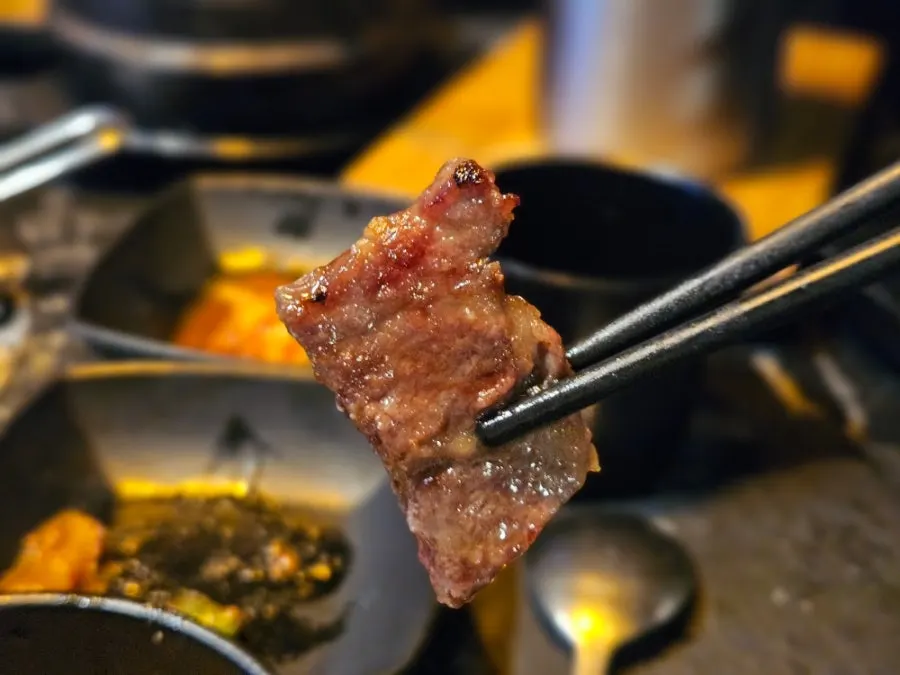 Close-up of golden-browned yangnyeom galbi