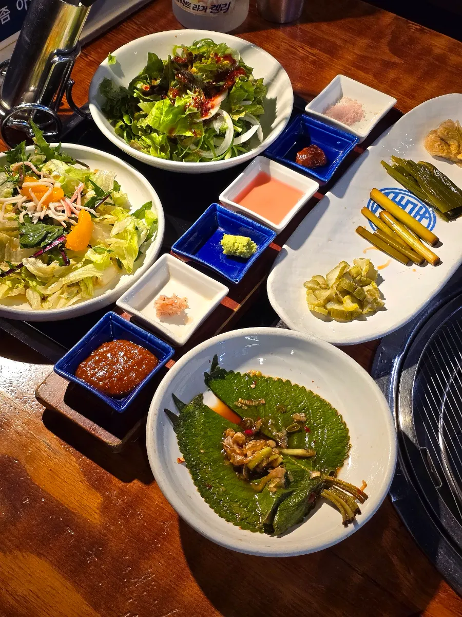 Dipping sauces including ssamjang, salted shrimp, and omija syrup