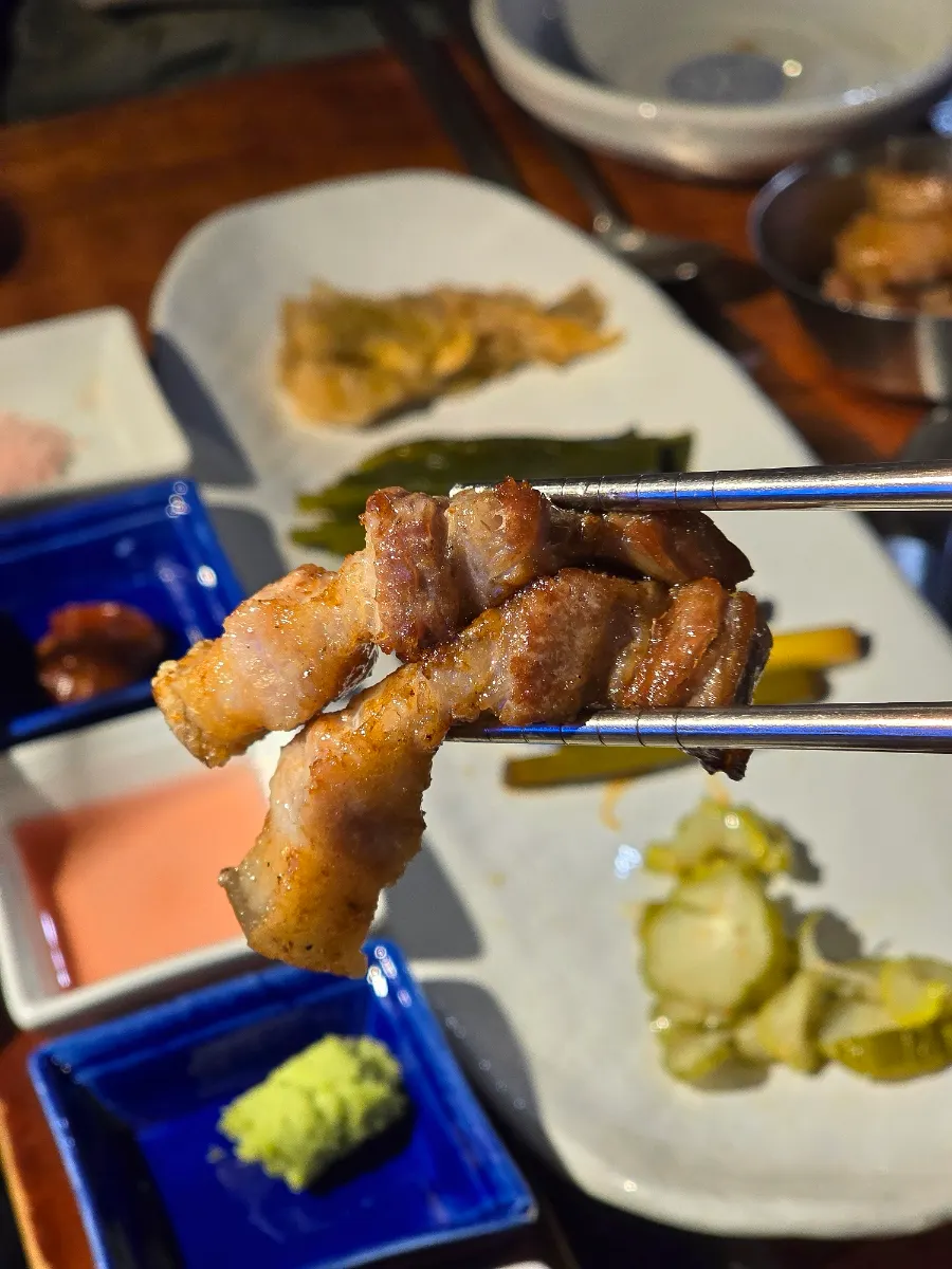 Omija-aged black pork belly on the grill