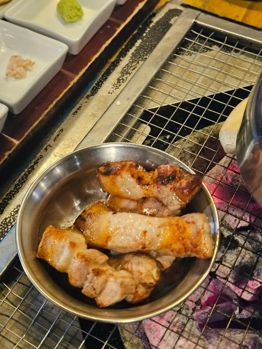 Yukgyeopsal with wasabi and onion cham sauce