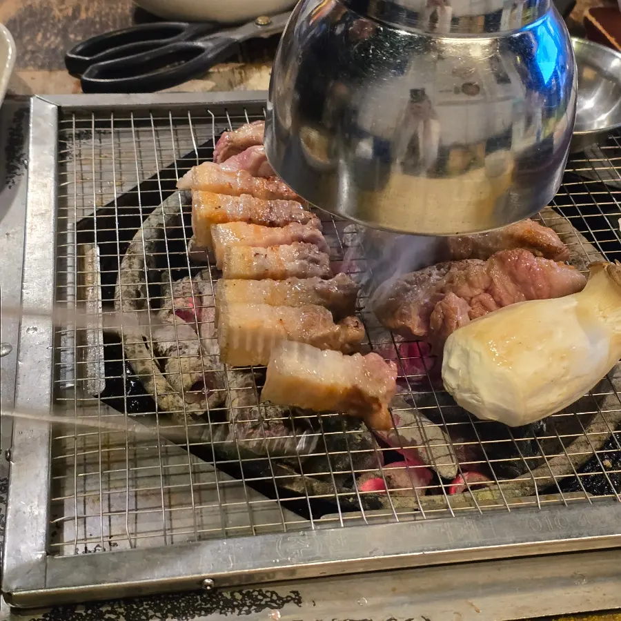 Close-up of sliced grilled black pork yukgyeopsal