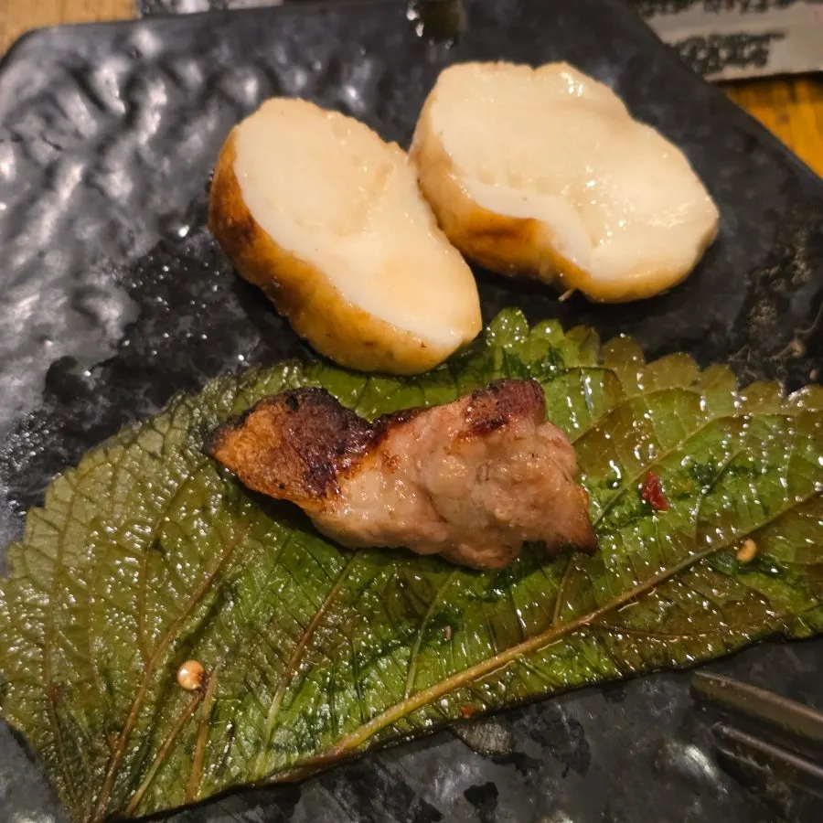 Mushrooms grilled alongside the meat on charcoal