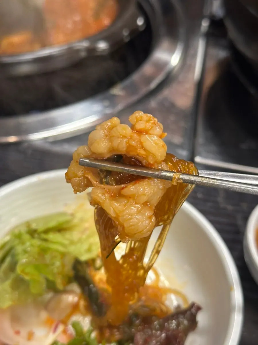 Glass noodles and daechang lifted out of the hot pot