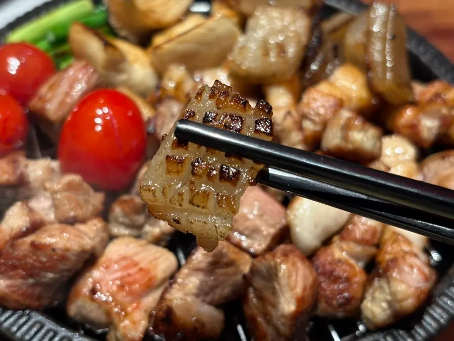 Pork belly grilled crisp outside, tender inside