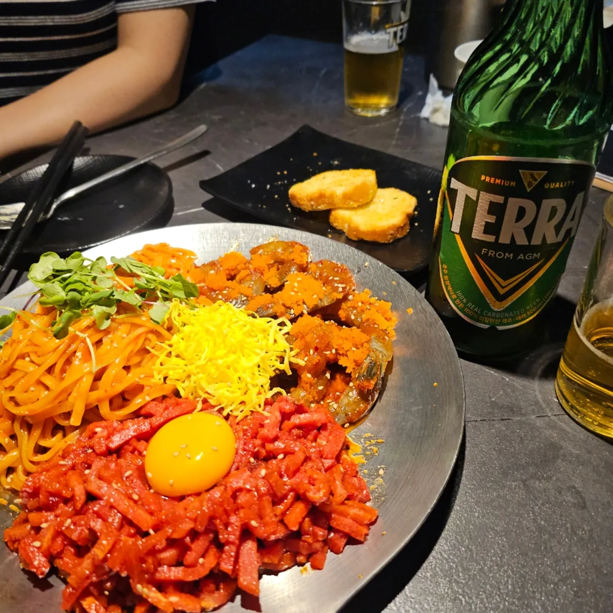 Plate of egg dish with cheese and crab stick