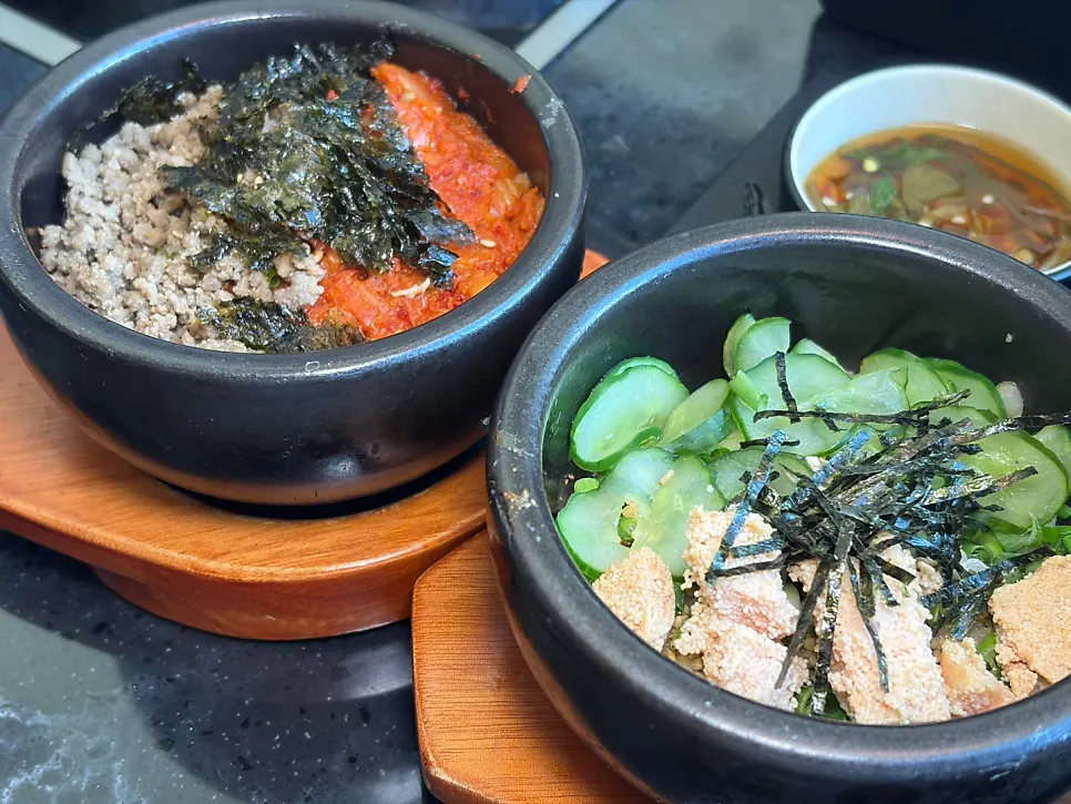 Bulgogi kimchi fried rice and low-sodium pollack roe cucumber rice