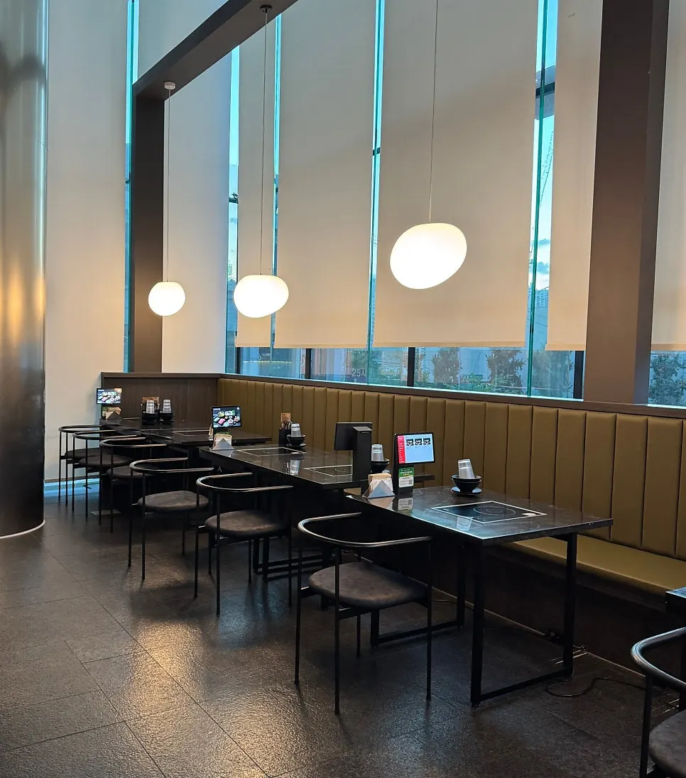 Widely spaced seating in Yunseul's dining hall