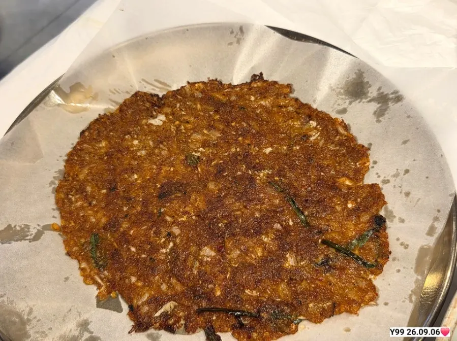 A plate of the extra-ordered kimchi pancake