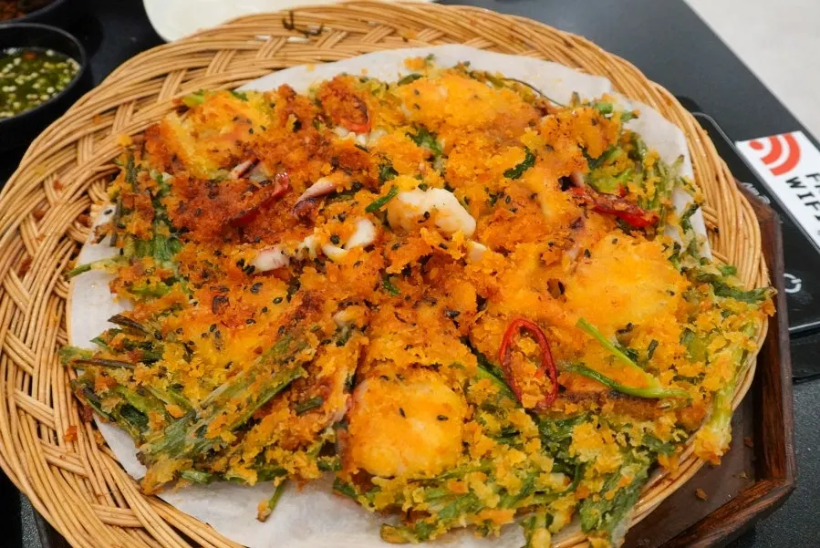 Crispy seafood pancake cooked to a perfect crunch