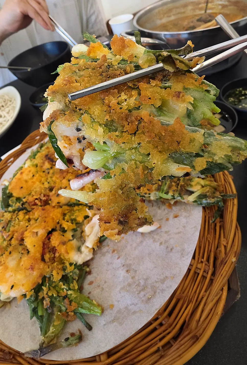 Crispy seafood pajeon packed with king prawns and squid