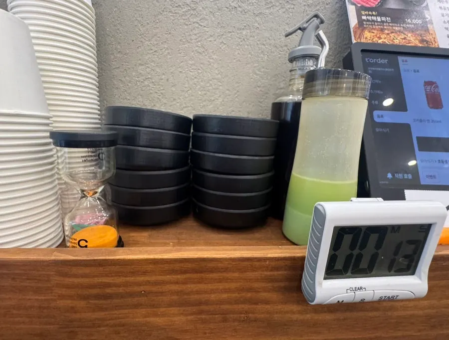 Sauces and timer set on the table