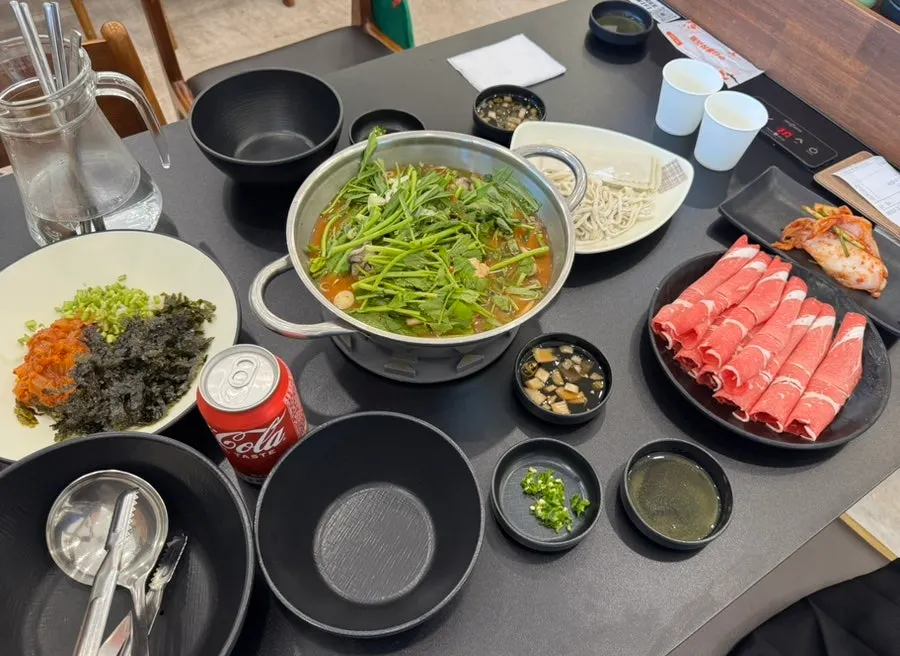 Full table spread for shabu kalguksu for two