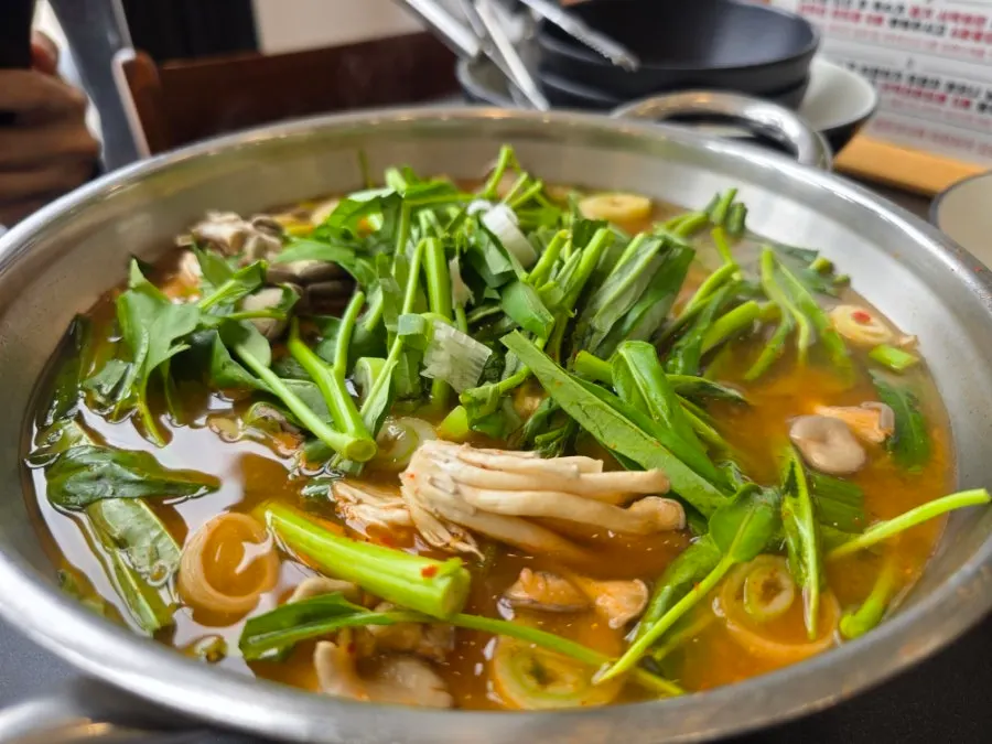 Pot of vegetables and mushrooms set on the induction burner