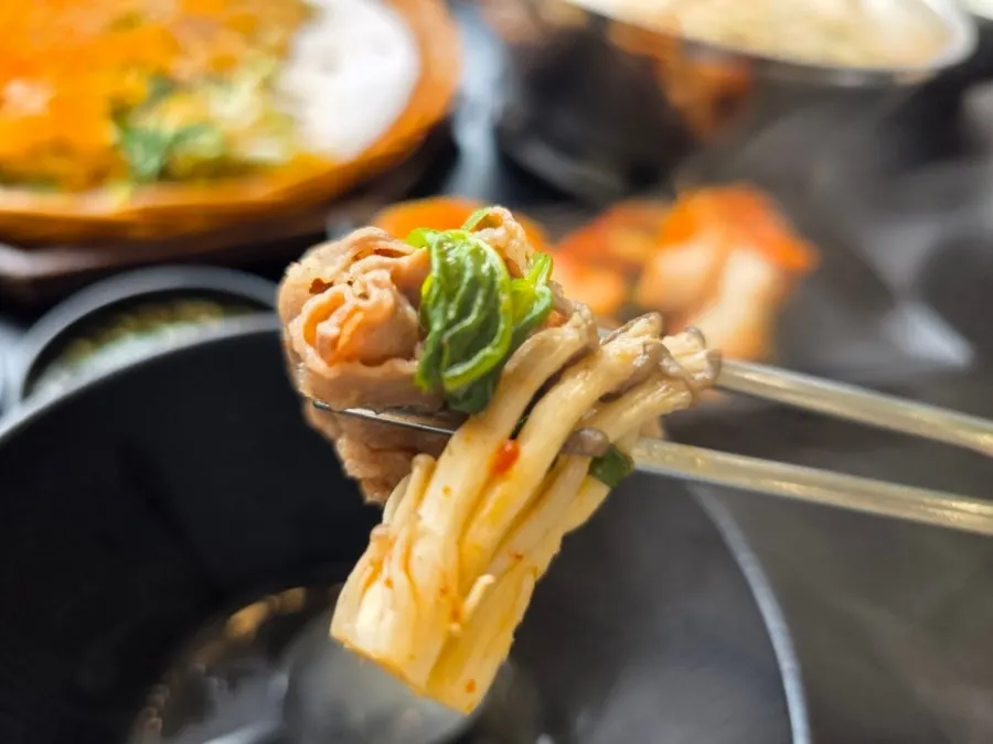 A plate of mushrooms and vegetables cooked together with the shabu