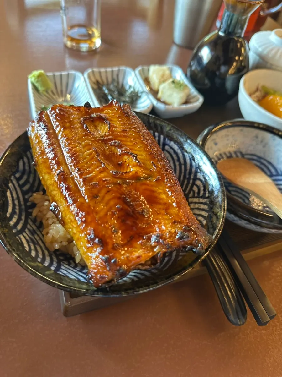 Jumbo unaju rice bowl topped with tamago