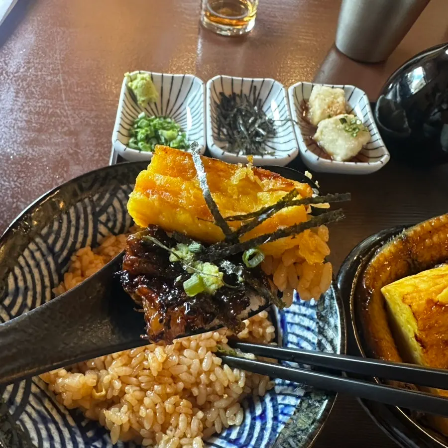 Eel on a side plate topped with green onion and wasabi