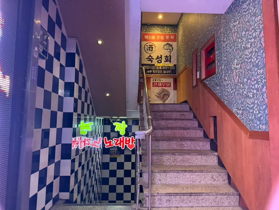 Stairs leading up to Yurak's 2nd floor with izakaya lanterns