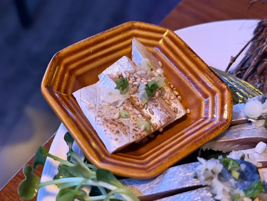 Close-up of the tangy dressed mackerel vinegar sashimi